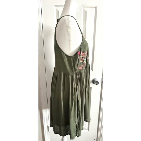 ENTRO Floral Embroidered Army Green Sleeveless Mini Sundress -Medium - Picture 2 of 5
